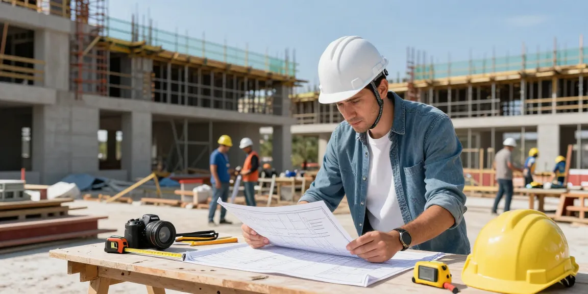 Generalunternehmer Augsburg inspiziert Baupläne auf einer Baustelle mit Handwerkzeugen.