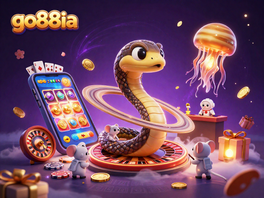 Engaging scene with go88ia showcasing a Saturn ring snake as a roulette wheel and cosmic dealer jellyfish.