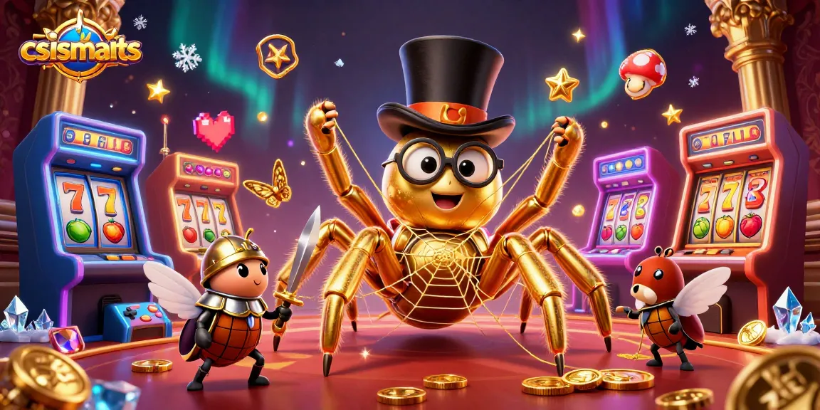 Csismarts displays a thrilling 3D scene of a golden tarantula crafting a jackpot web surrounded by slot symbols.