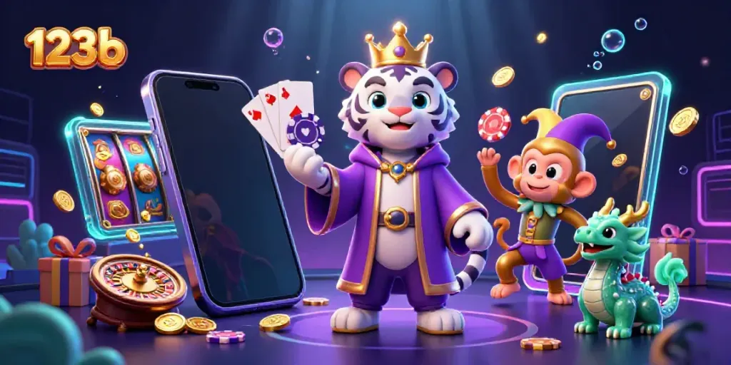Experience the thrill of gaming with 123b as the playful monkey juggles poker chips amidst vibrant casino elements.
