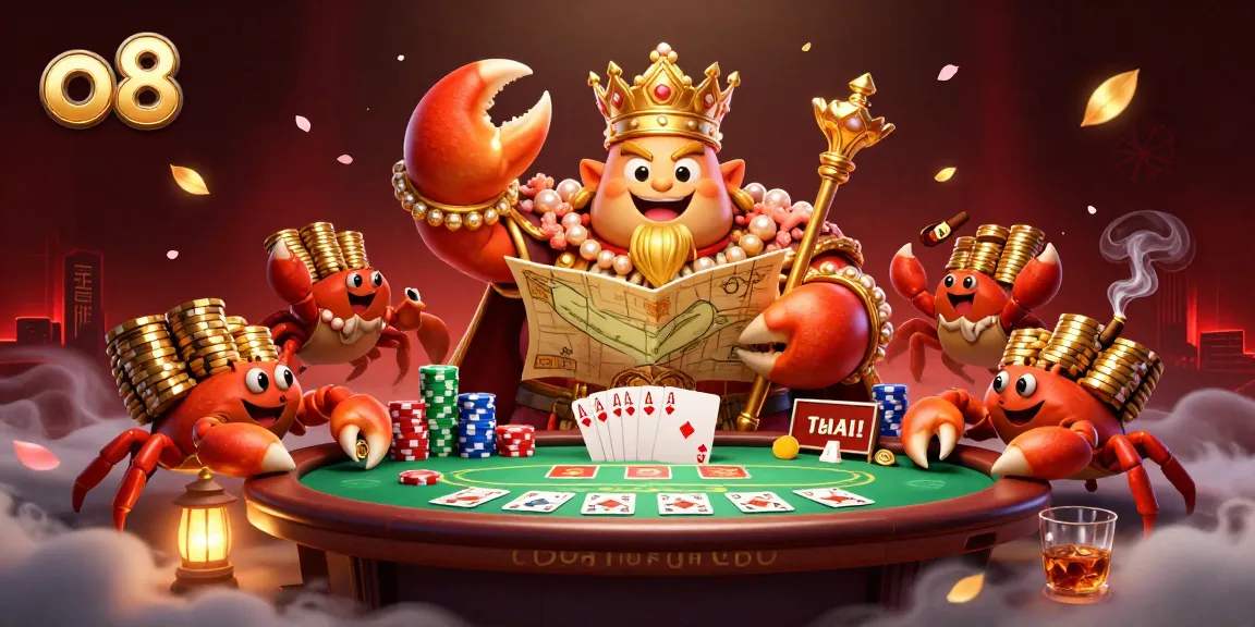 Experience thrilling gameplay with o8's golden crab emperor at an extravagant poker table