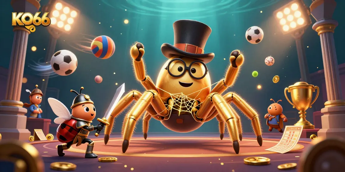 Engaging KO66 casino scene with a golden tarantula and knight among sports elements.
