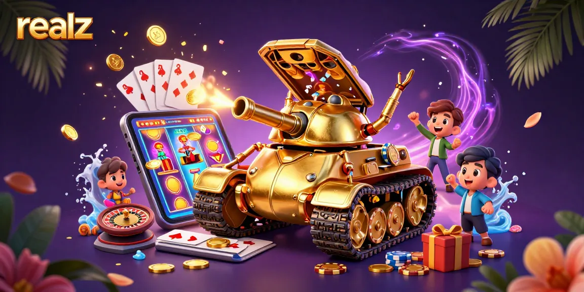 Experience realz casino action with an animated golden beetle tank and colorful gaming elements.