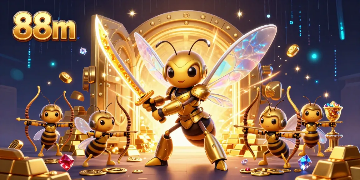 Engage with the thrilling adventure at 88m, showcasing an epic golden hornet and bee archers amidst treasure.