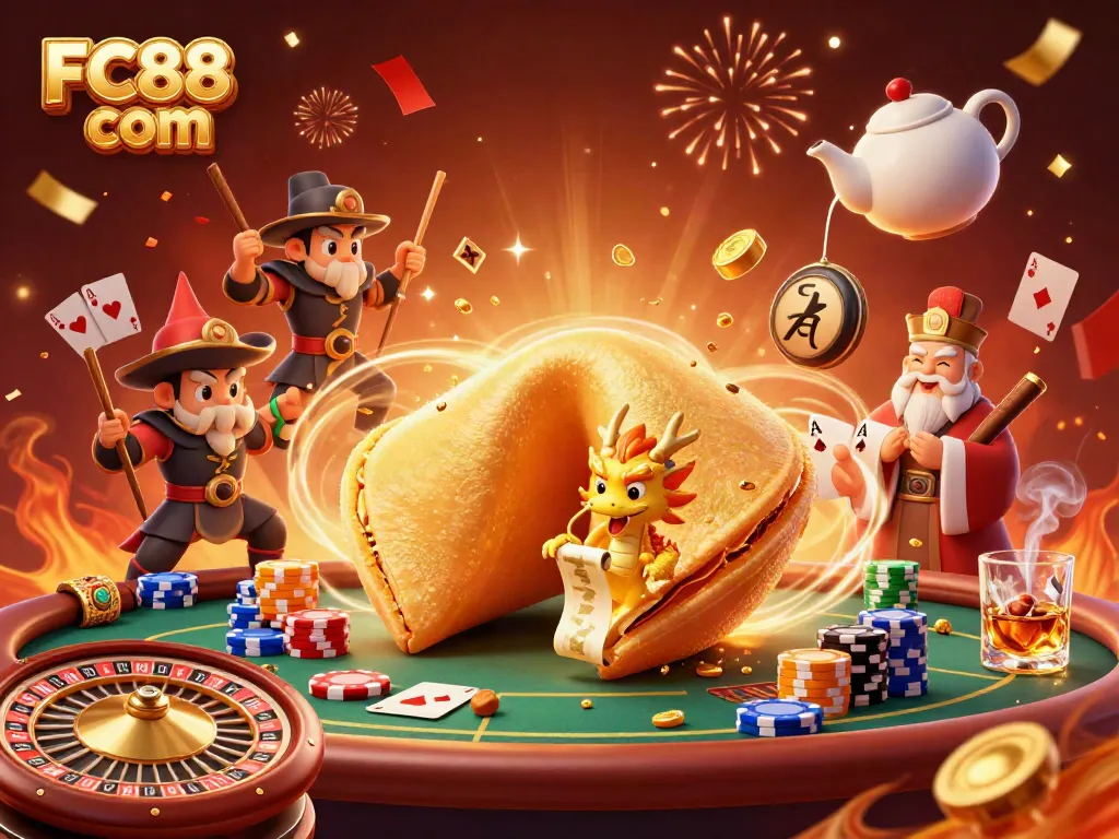 Experience thrilling games at FC88 com with a vibrant casino illustration showcasing poker, roulette, and fortune elements.