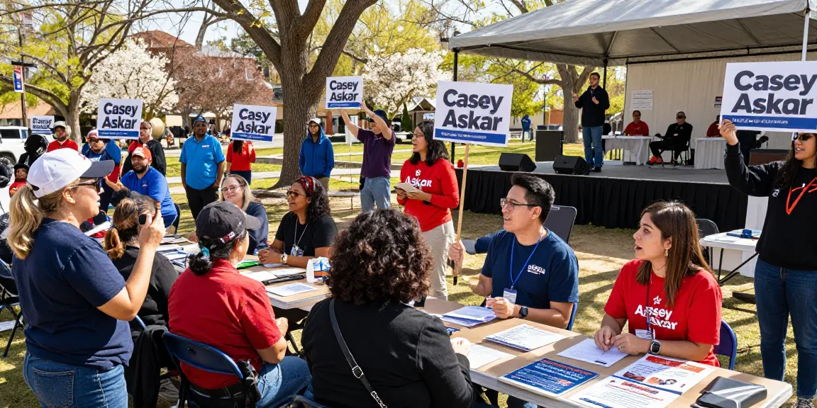 Community event with Casey Askar campaign supporters engaging with voters in a local park.
