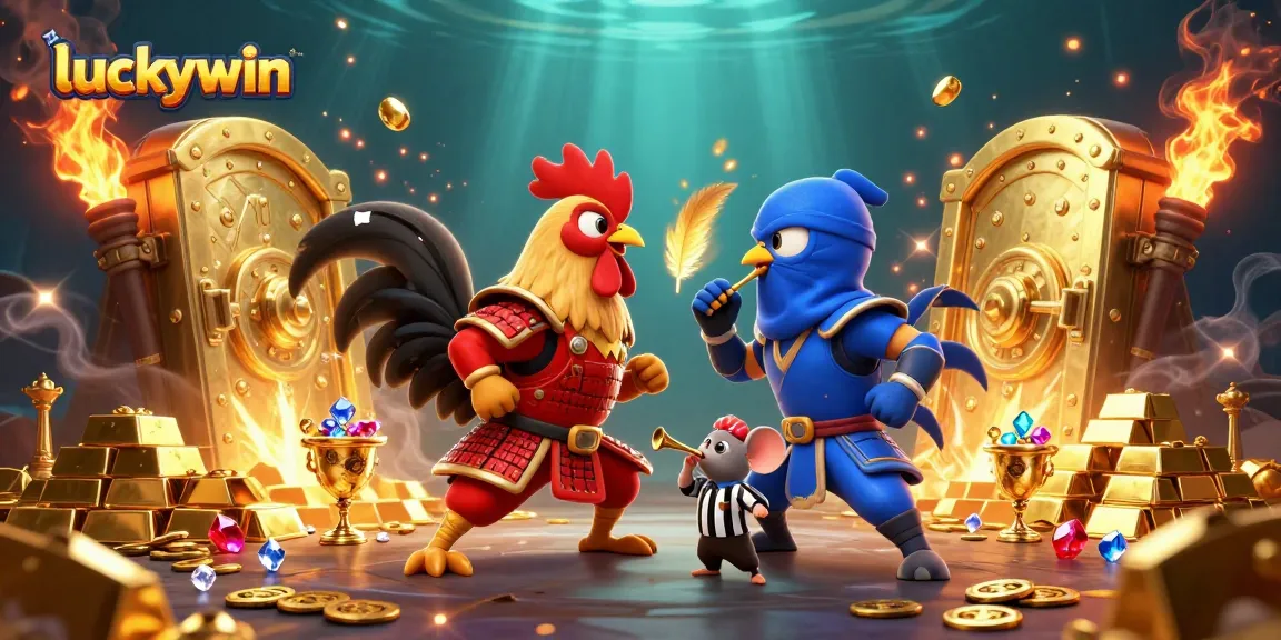 Engage in thrilling action with luckywin's vibrant 3D duel of armored roosters amidst gold treasures.