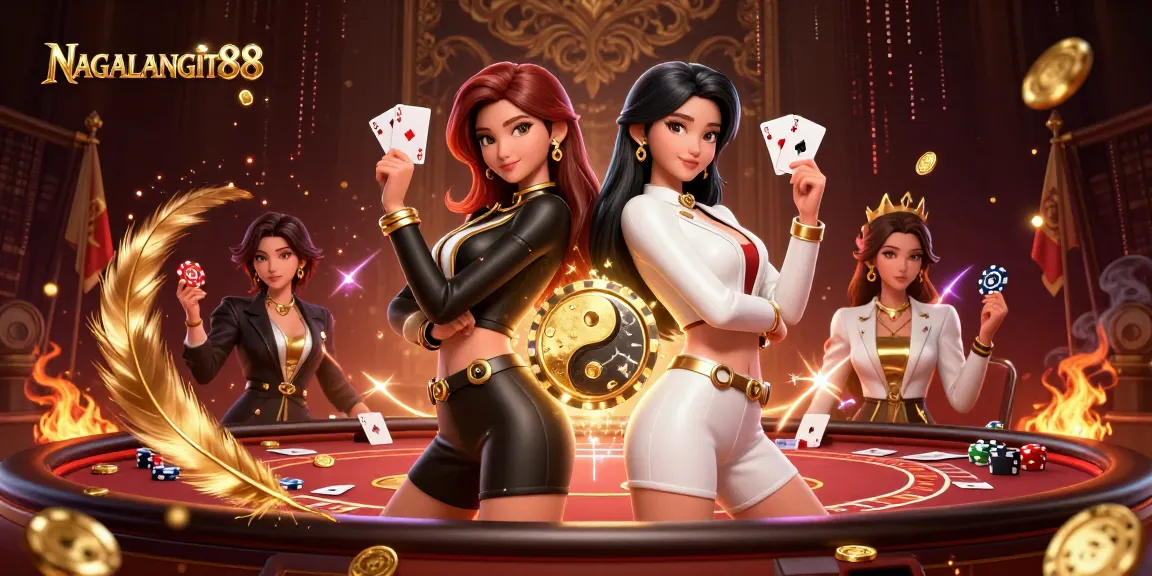 NAGALANGIT88 showcases a powerful duo of Asian women with playing cards in a vibrant casino scene.
