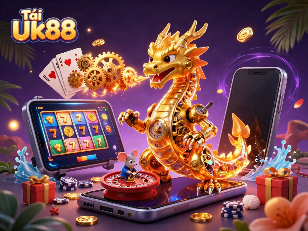 Experience Tải Uk88 with colorful slot games and dynamic gold elements, showcasing casino excitement.