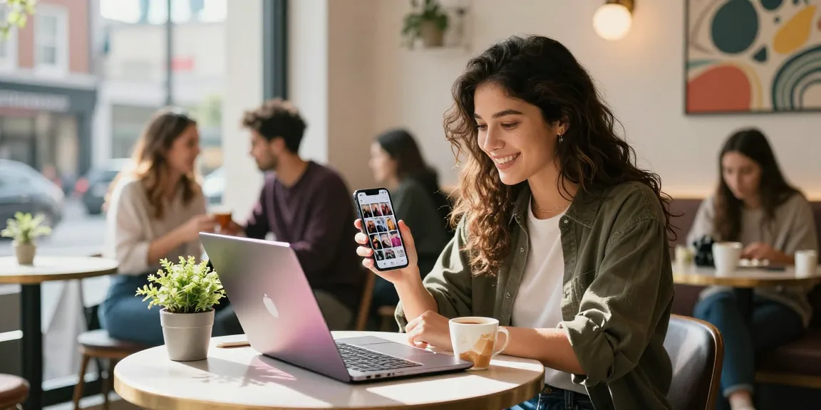 Deutsche Instagram Likes kaufen: Influencerin in stilvollem Café mit Smartphone, das eine bunte Instagram-Seite zeigt.