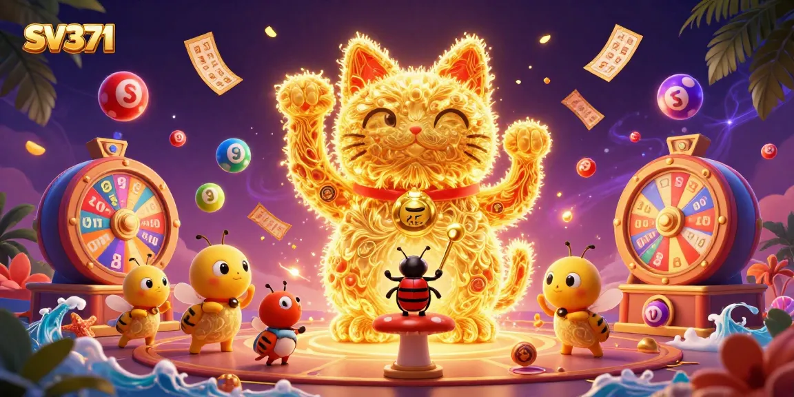 Engage with SV371 in an enchanting casino scene featuring a giant lucky cat amidst dynamic gaming elements.