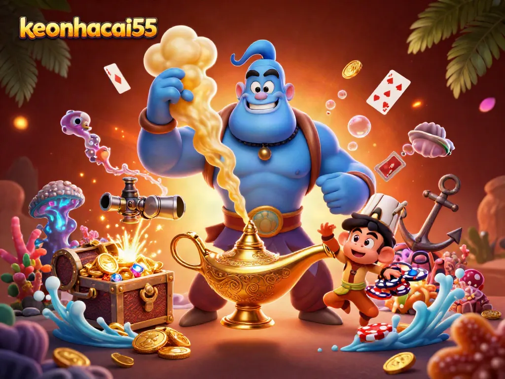 Engage in thrilling action with keonhacai55's magical gaming features in a vibrant casino scene.