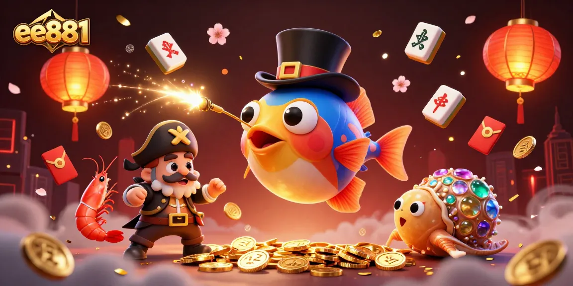 Play and win at ee881 with a vibrant 3D casino-themed illustration featuring dynamic characters and elements.