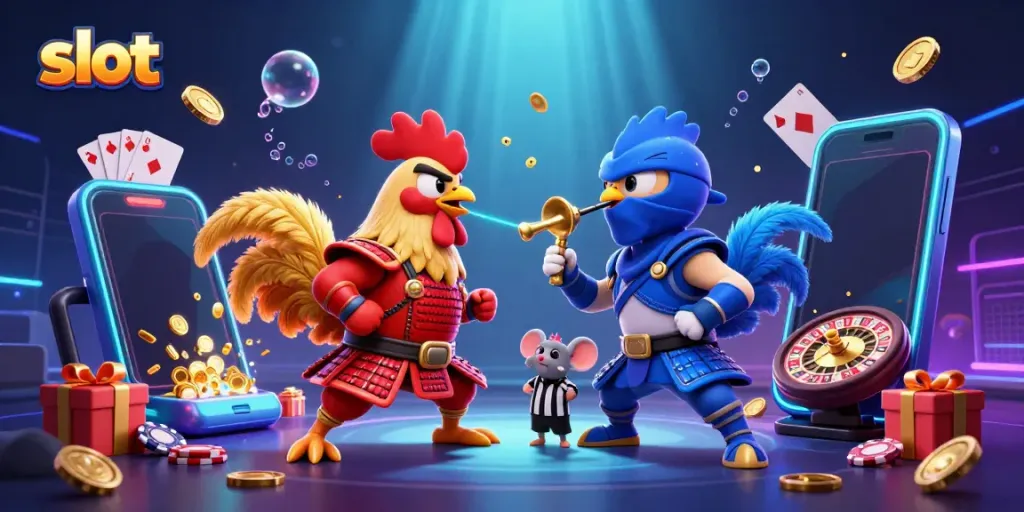 Engage with the thrilling world of slots as roosters battle in a vibrant casino scene.