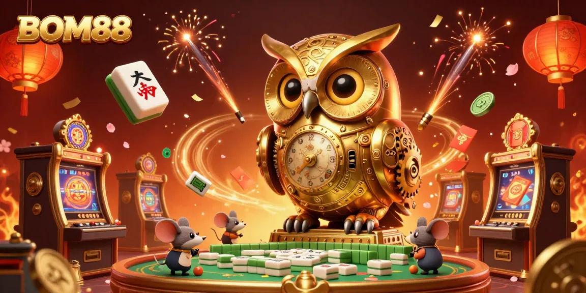 BOM88 captivates players with a whimsical casino illustration featuring a golden owl and lively mice among rich gaming elements.