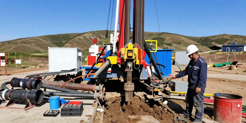 Geothermie Bohrung mit Techniker am Bohrgerät in natürlicher Umgebung.