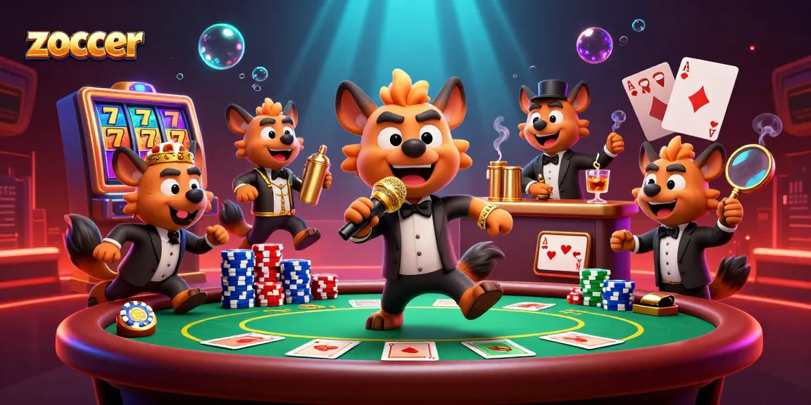 Zoccer hyenas present a dynamic comedy casino scene with poker, vibrant slot elements, and lively interactions.
