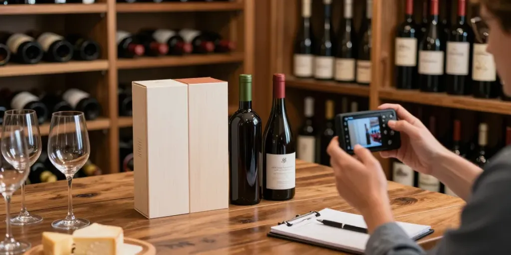 Gustofolio App zeigt Wein Empfehlung in einem stilvollen Weinkeller mit Fotoaufnahme von Etiketten.