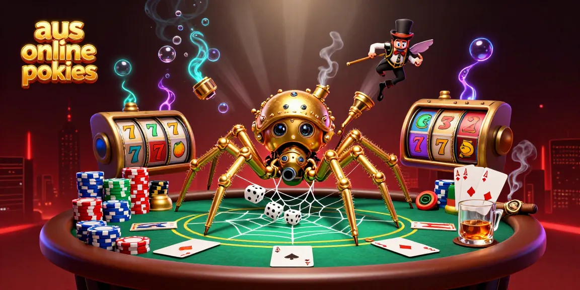 Engage in the excitement of aus online pokies with a whimsical scene of a steampunk spider and poker elements.