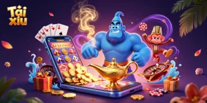 Engage in Tài xỉu with a magical 3D genie scene showcasing colorful gambling elements.