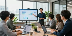SEO-Freelancer präsentiert digitalen Bericht in modernem Büro mit Teamzusammenarbeit.
