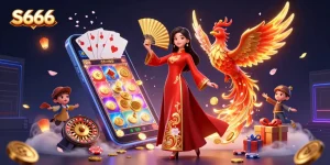 S666 game experience with vibrant slots, a graceful woman in ao dai, and golden phoenix elements.