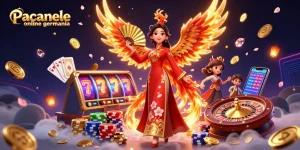 Experience Pacanele online germania with vibrant visuals, 3D characters, and spinning slots.
