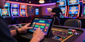 Spieler, der an digitalen Spielen in einem Paysafe Card Casino teilnimmt, mit Neonlichtern und einer lebhaften Atmosphäre.