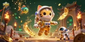 Engage with PG66's vibrant gaming world through this dynamic 3D illustration, featuring an astronaut cat and a robot dog in a golden-themed casino.