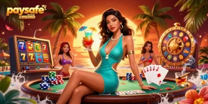 Erleben Sie die lebendige Action in einem Paysafe Card Casino mit pulsierenden Spielautomaten, glamourösen Charakteren und einer tropischen Atmosphäre.