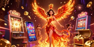 SC88 showcases an Asian woman in a fiery gown with casino elements exploding around her.