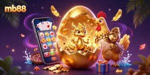 Win big with mb88: A 3D illustration of a golden baby dragon guarding poker chips and slots.