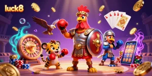 Experience the excitement of luck8 with a vibrant casino-themed 3D illustration featuring action-packed characters and dynamic game elements.