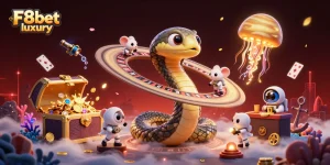 Experience F8bet luxury with a dynamic scene of 3D cartoon characters engaging in a cosmic casino.