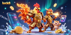 Experience luck8's thrilling gaming world with a dynamic scene of a fighting rooster and dragon amidst sparkling crypto elements.