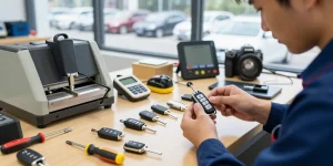 Schau es dir an: Experte arbeitet an Hyundai Ioniq 6 Schlüssel in der Werkstatt.