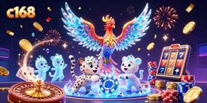 Experience the thrill of c168 with an enchanting scene featuring vibrant casino elements and magical creatures.