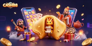 Engage in thrilling gaming at CASH88 with a vibrant 3D casino scene featuring colorful slots and lucky charms.