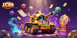 Experience thrilling gameplay at LC88 with a golden beetle tank revealing a miniature casino.