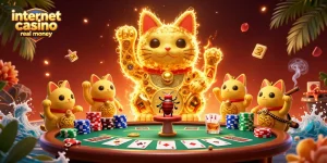 Engage with internet casino real money as golden fireflies create magic around vibrant gaming symbols.