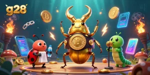 Engage with g28 gameplay showcasing a giant stag beetle champion surrounded by digital casino elements.