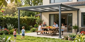 Freistehende Terrassenüberdachung mit Familie im Garten, die ein Picknick genießen.