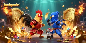 Engage in thrilling action with luckywin's vibrant 3D duel of armored roosters amidst gold treasures.