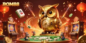 BOM88 captivates players with a whimsical casino illustration featuring a golden owl and lively mice among rich gaming elements.