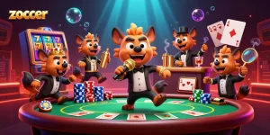Zoccer hyenas present a dynamic comedy casino scene with poker, vibrant slot elements, and lively interactions.