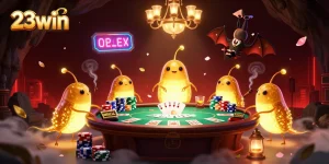 Play poker at 23win's vibrant cave casino with glowing glowworm characters and bat dealer.