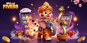 Engage with thrilling games at Nhà cái FIVE88, featuring a vibrant 3D casino scene with slots and colorful characters.