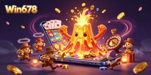 Win678 showcases an exciting scene with golden volcano and treasure in a vibrant casino atmosphere.