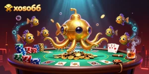 xoso66 illustrates casino excitement with a golden kraken submarine and poker elements.