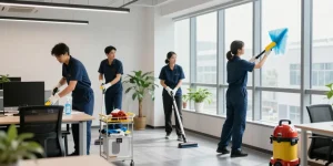 Professionelle Gebäudereinigung Düsseldorf in modernem Büro mit Reinigungspersonal